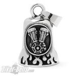 V2 Motorblock mit Flammen Biker-Bell aus Edelstahl Engine Ride Bell Glücksbringer